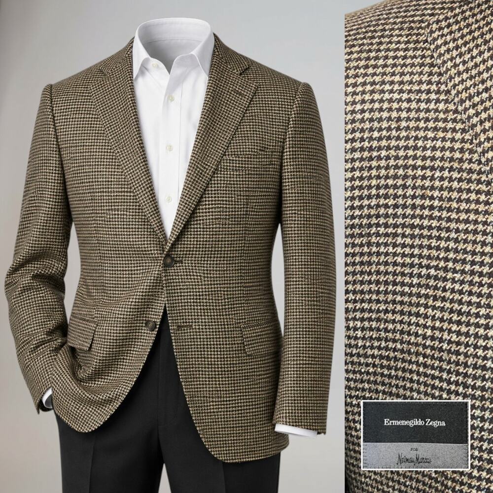 Zegna 50% Cashmere Sport Coat 46-48L Olive Gold Black Melange Houndstooth Italy